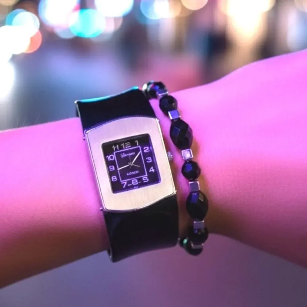 Geneva Platinum Black Cuff Watch + Handmade Beaded Bracelet Set